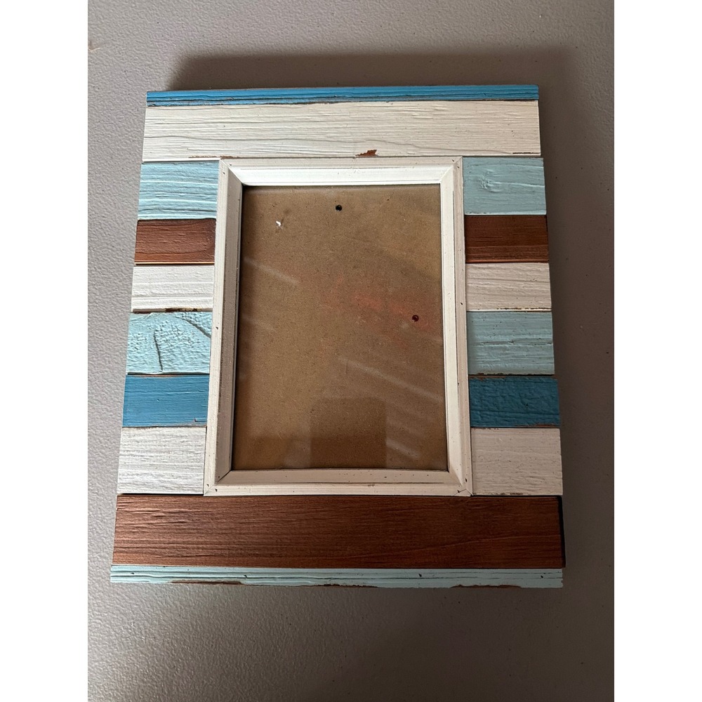 Rustic Wood Slatted Picture Frame Blue White Brown Coastal Farmhouse 4x6 Photo
